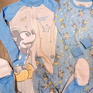 🌟 DISNEY Baby 24M PJS Mickey Mouse Blue Footed Zippered - 2 Onesies 🌟